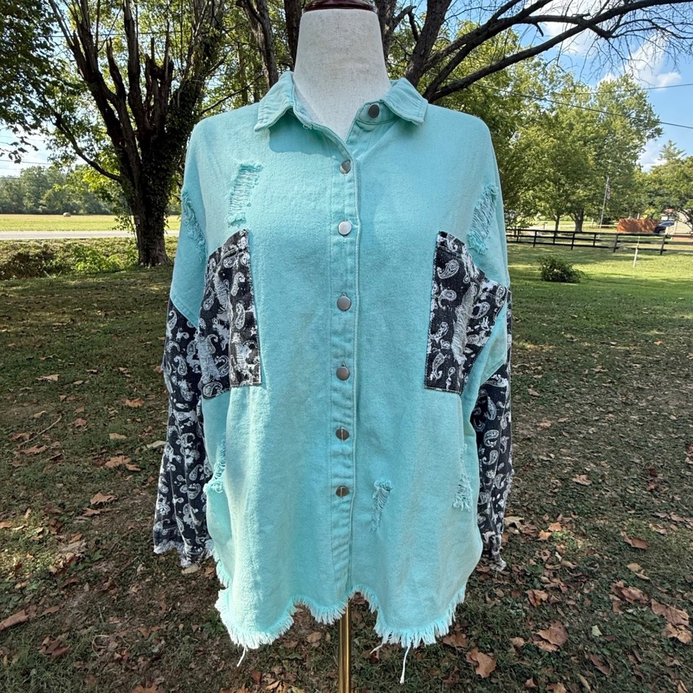 POL Distressed Med Paisley Statement Denim Shacket Mint Green Boho Western